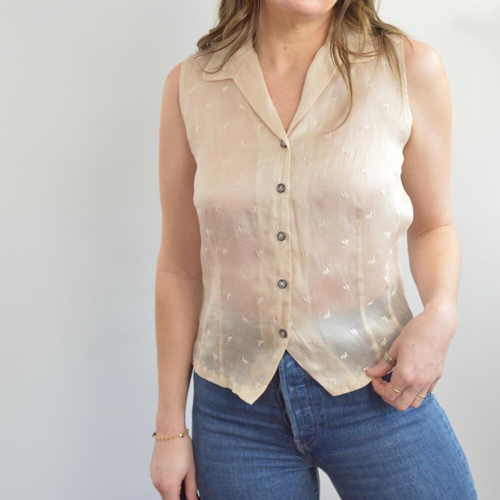 light pink pure silk botanical embroidered button down tank
